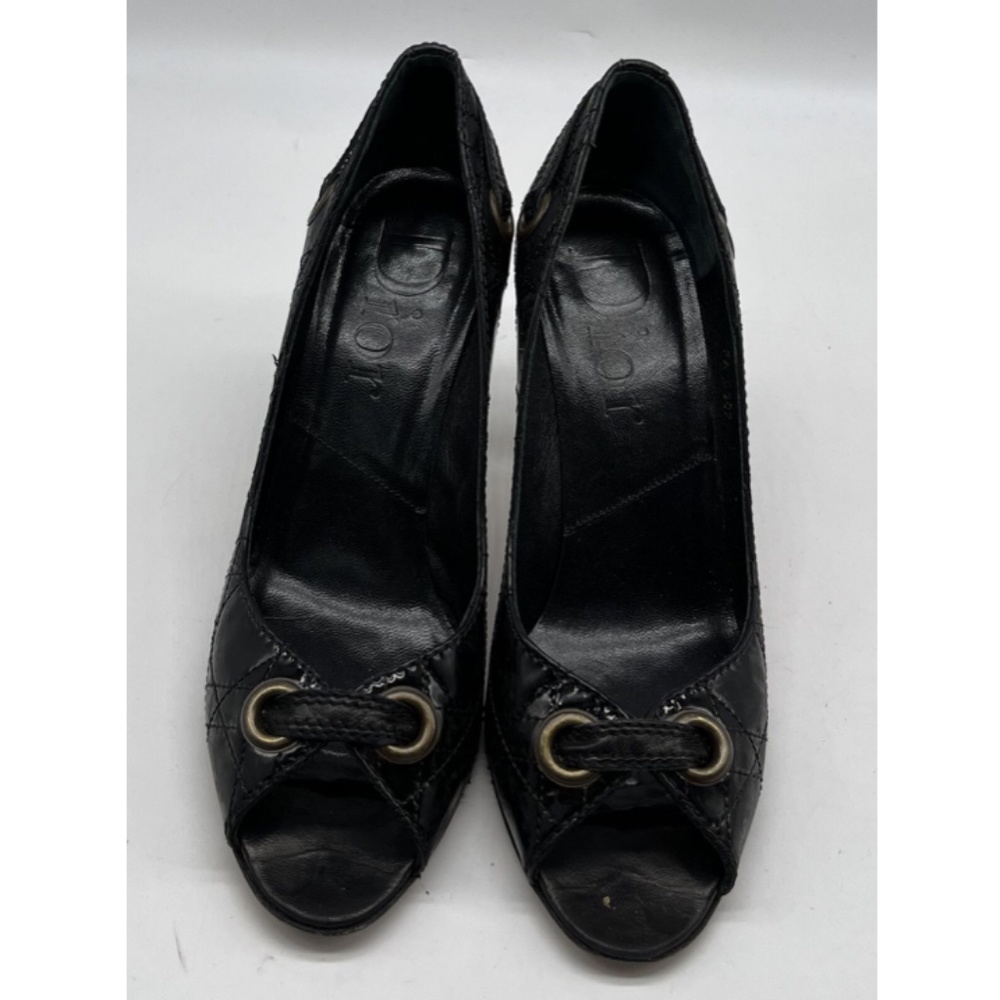 Dior Black Leather Grommet Accent Peep Toe Pumps w/ 'D' Charm on Heel sz 36 - Picture 2 of 7